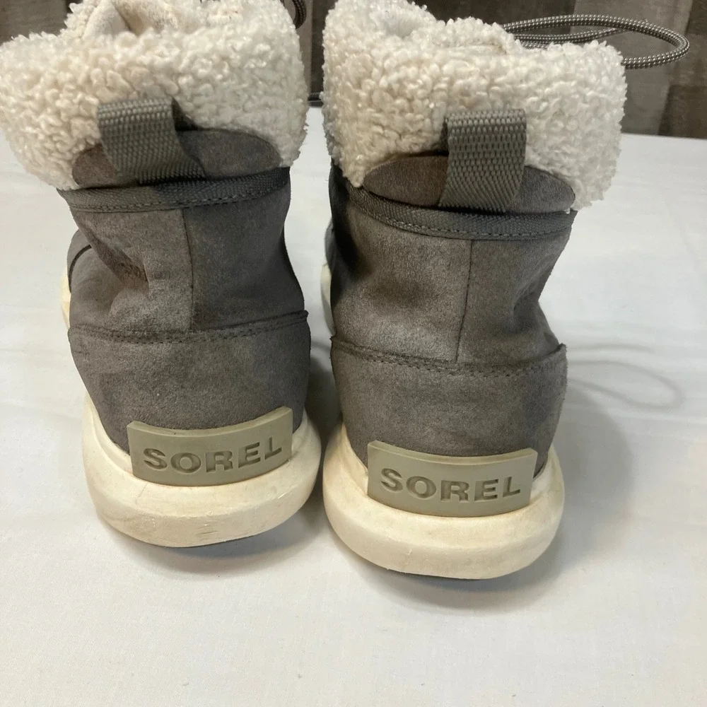 Sorel Explorer Carnival Waterproof Suede Boots‎ Quarry Grey Faux Fur Womens 9